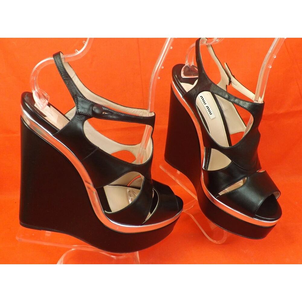 NIB MIU MIU PRADA 5XZ201 BLACK LEATHER SILVER WEDGE CAGED PLATFORM SANDALS 40 - Picture 4 of 9